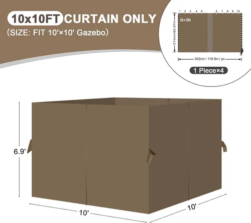 Miniatura 2 de Aoodor Cortinas de Gazebo para Exteriores de 10 x 10 pies, 4 Paneles Impermeables de Pared Lateral de Privacidad de Repuesto con Cremallera