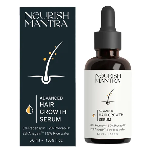 Nourish Mantra Suero avanzado para el crecimiento del cabello 1.7 fl oz, 3% Redensyl, 2% Anagain, 2% Procapil, 5% agua de arroz, promueve el