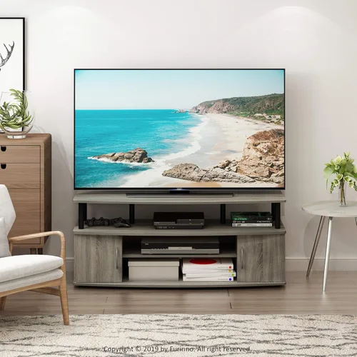 Miniatura 4 de Furinno Jaya - Soporte de entretenimiento grande para TV de hasta 55 pulgadas, roble francés gris/negro, juego de 2 mesas auxiliares, roble francés