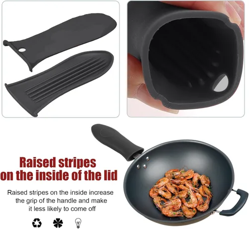 Miniatura 5 de Paquete de 2 fundas de silicona para mango de sartén de hierro fundido resistentes al calor, fundas para ollas y sartenes, soporte de mango de Negro