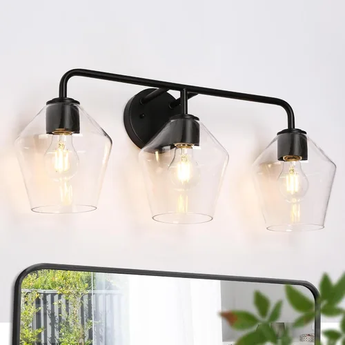 Miniatura 10 de KSANA Lámpara de baño negra, lámpara de tocador de 3 luces con pantalla de cristal transparente de gran apertura, moderna lámpara de pared de granja