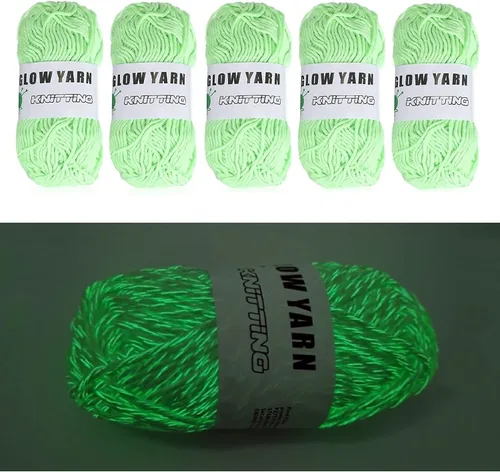 Miniatura 10 de 5 rollos de hilo que brillan en la oscuridad, ganchillo para tejer brillante mejorado, suministros de costura de hilo luminoso para manualidades