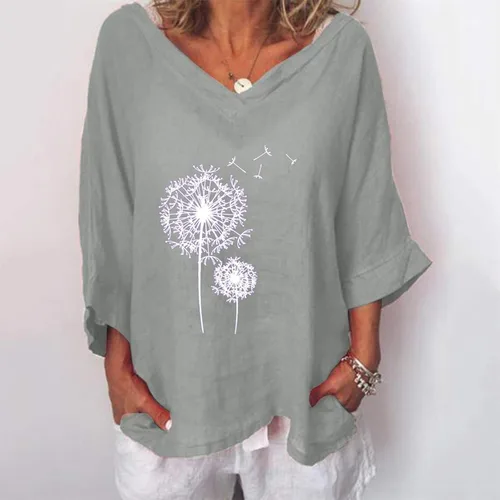 Miniatura 2 de Camisetas de lino y algodón para mujer, talla grande, de manga 34, ajuste holgado, con estampado de diente de león, lindas camisetas de verano
