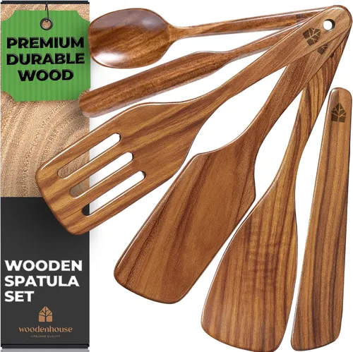 Miniatura 9 de Espátula de madera para cocinar, espátulas de teca para uso en la cocina, utensilios de cocina de madera, juego de 4 incluyendo pala, espátula
