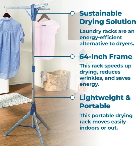 Miniatura 5 de Honey-Can-Do Trípode de secado de ropa de acero de 64 pulgadas plegable – Estante de ropa colapsable que ahorra espacio, soporte para secadora