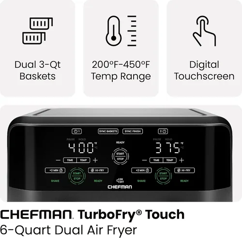 Miniatura 4 de Chefman Freidora de Aire de Doble Canasta de 6 Cuartos - Pantalla Táctil Digital, Smart Sync Finish, Hi-Fry, Apagado Automático, 2 Canastas de Freír