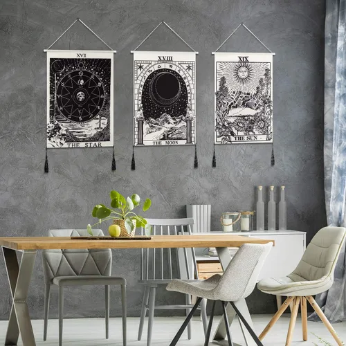 Miniatura 6 de Boao 3 piezas de tapiz de luna y estrella, arte en blanco y negro para colgar en la pared, decoración para dormitorio, sala de estar, oficina