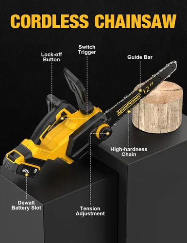 Miniatura 8 de Motosierra eléctrica sin escobillas de 12 pulgadas, inalámbrica, para batería Dewalt de 20 V, motosierra compacta con corte potente de 44.3 pies/S