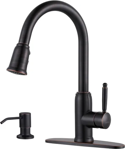 Miniatura 17 de Grifo de cocina de oro negro con rociador: WOWOW Grifo de fregadero de cocina de acero inoxidable 304 para 1 o 3 agujeros, llave mezcladora de arco