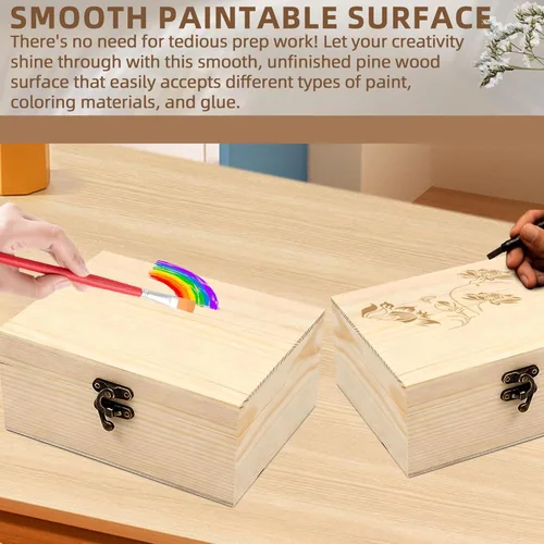 Miniatura 5 de Caja de madera sin pintar sin terminar con tapa con bisagras para manualidades, almacenamiento de joyas, caja de pino liso, pequeña 6.7 x 5.1 x 3.1