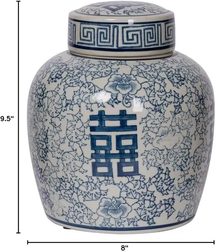 Miniatura 6 de Jarrón con tapa de porcelana 100 % azul y blanco oriental de 8 x 9.5 pulgadas con patrón floral para almacenamiento en el hogar y organización