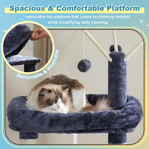 Miniatura 5 de Hey-brother Torre de árbol para gatos, postes rascadores con 3 condominios, canasta grande, cama acogedora, tabla de sisal, camino de escalada paso