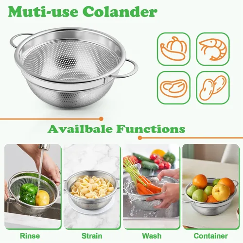 Miniatura 6 de P&P CHEF Colador de acero inoxidable de 3 cuartos de galón, colador de metal microperforado para alimentos de cocina, ideal para enjuagar, lavar