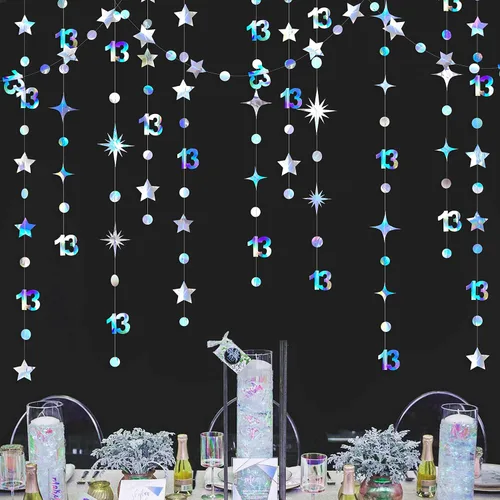 Miniatura 21 de Decoraciones Negras de Cumpleaños Número 13 Círculo Punto Estrella Centelleante Guirnalda Serpentina Colgante Metálica Banderín Banner Telón de Negro