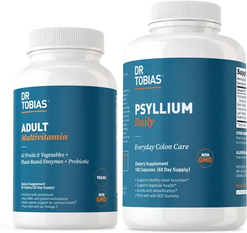 Dr. Tobias Multivitamínico y psyllium para adultos diariamente apoya la energía, la inmunidad y los movimientos intestinales saludables con 42