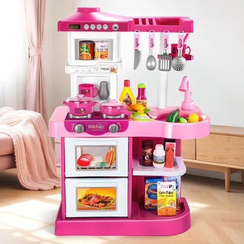 Juego de Cocina de 53 Piezas con Comida de Simulación para Niños de 3-6 4-8 Años, Juguetes de Cocina Rosa con Luz, Sonido y Rociado, Accesorios de