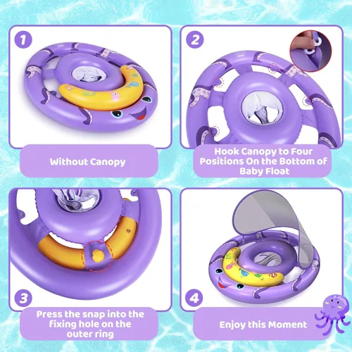 Miniatura 3 de Flotador de piscina para bebé con toldo de protección solar extraíble UPF50+, flotadores de natación para bebés de 6 a 24 meses, diseño doble extra