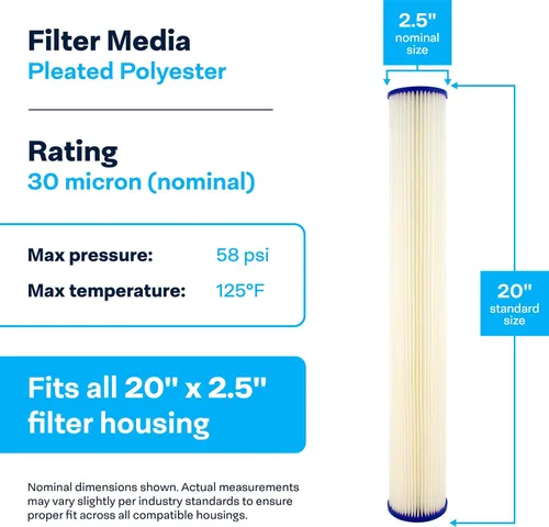 Miniatura 3 de SpiroPure SP-R30-20 20x2.5 Cartucho de filtro de agua de sedimento de poliéster plisado de 30 micrones SPC-25-2030 R30-20 155416-43 (caja de 20)