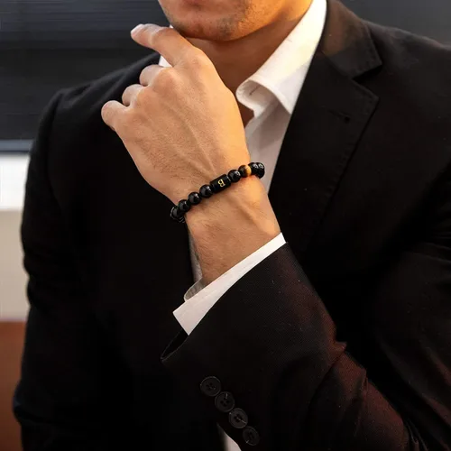 Miniatura 6 de FRG - Brazalete hecho a mano con letra inicial del nombre, las cuentas son de ónix negro u ojo de tigre, la cuerda es trenzada, un brazalete lleno