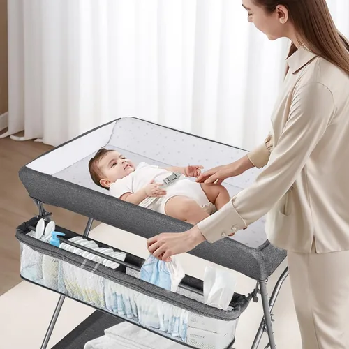Miniatura 2 de Mesa de Cambiar para Bebé con Ruedas, Maydolly Estación de Pañales Portátil Ajustable en Altura Plegable con Organizador de Guardería y Estante