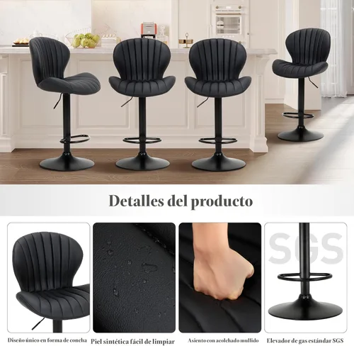 Miniatura 5 de COLAMY Juego de 4 taburetes de bar, modernas sillas de bar giratorias, taburetes tapizados de piel sintética ajustable, altura de mostrador con Negro