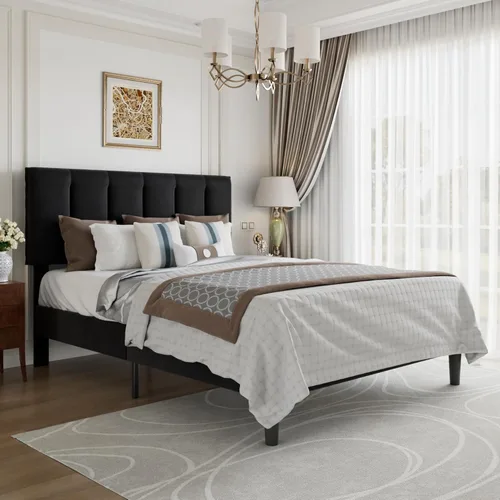 Miniatura 42 de VECELO - Base de cama tamaño individual con cabecera tapizada, plataforma con soporte de listones de madera de alta resistencia, no necesita somier