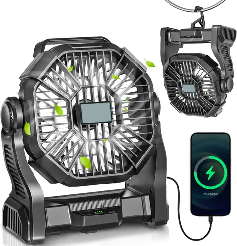 AEscod Ventilador de camping portátil, recargable con luces LED, gancho para colgar, rotación de 270°, ventilador de batería de 20000 mAh para Rosa