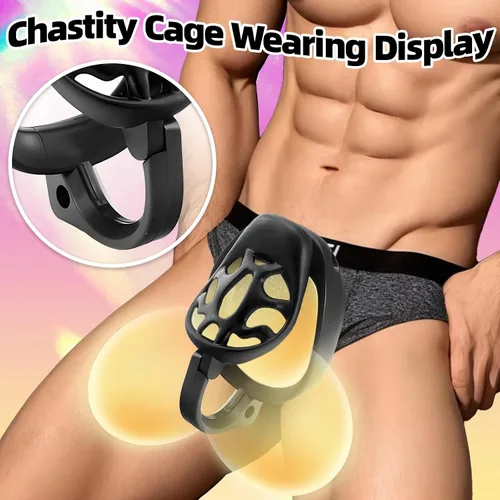 Miniatura 6 de Jaula de castidad impresa en 3D con 4 anillos diferentes, jaula de pene masculina con ganchos y cerraduras ocultas, dispositivo de castidad