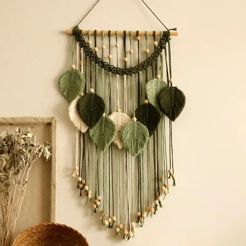 Miniatura 9 de Tapiz de hojas de macramé para decoración de pared, tapices tejidos bohemios, arte de pared de hojas de otoño, grandes borlas bohemias, adorno