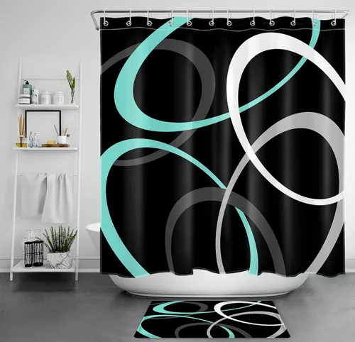 Miniatura 12 de EOBTAIN Cortina de ducha con patrón geométrico azul para baño, cortina de ducha abstracta gris y blanca sobre tela negra con 10 ganchos, cortinas