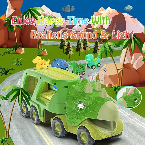Miniatura 2 de Veslier Coche de Juguete de Dinosaurio para Niños de 3, 4 y 5 Años, Camión Transportador con Energía de Fricción con Pack de 4 Coches Pequeños
