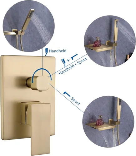 Miniatura 4 de Taplong Grifo de bañera de montaje en pared con boquilla de cascada, juego de grifo de bañera montado en la pared con rociador de mano dorado