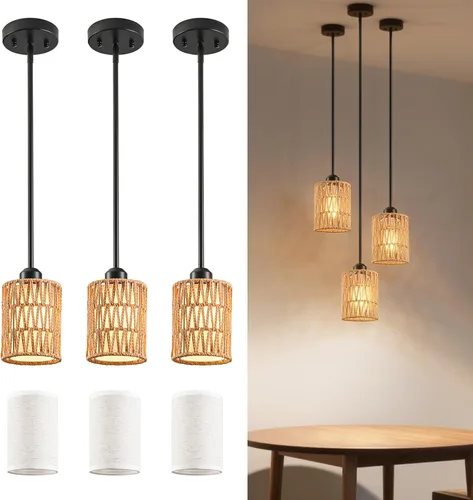 Miniatura 9 de Lámpara Colgante Boho Lámpara Colgante - Pantalla 2 en 1 de Ratán y Lino, Luminaria de Luces Colgantes Ajustables para Isla de Cocina, Comedor, Casa