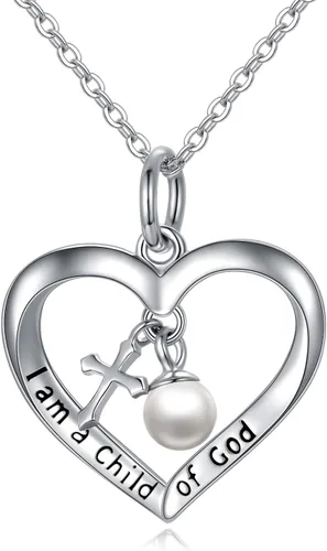 PEIMKO Regalos de bautismo para niñas, collar con colgante de cruz con texto en inglés "I am a Child of GodGod", plata de ley 925, regalos de
