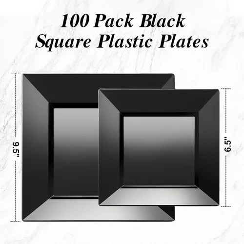 Miniatura 4 de Goodluck 100 Pack de Platos Desechables Cuadrados Negros, Platos de Plástico Resistente: 50 Platos de Cena de 24.1 cm y 50 Platos de Postre de 16.5