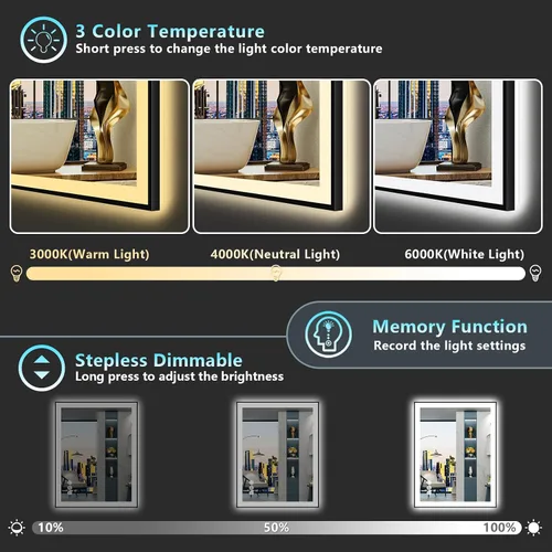 Miniatura 5 de 24x30 Espejo de baño LED con marco negro con luces, retroiluminado + iluminación frontal, espejo de tocador iluminado antivaho para pared de baño