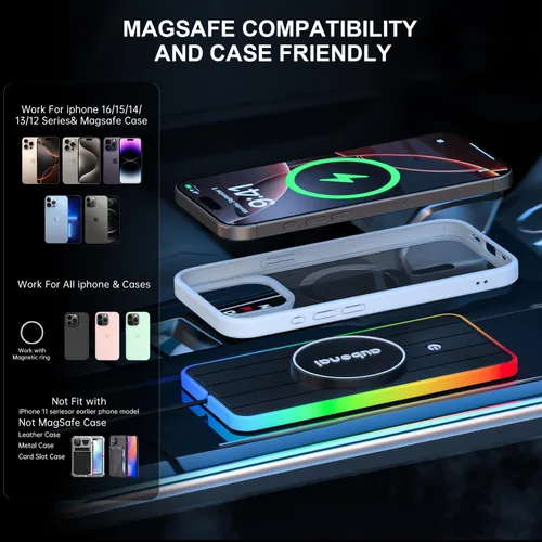 Miniatura 3 de Almohadilla de carga inalámbrica magnética para automóvil, 15 W, RGB, almohadilla de carga inalámbrica rápida antideslizante con cable de extensión