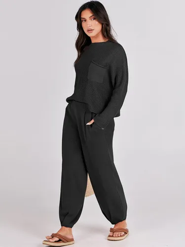 Miniatura 4 de Prinbara Conjunto de 2 piezas para mujer, suéter de punto para otoño, pantalones de gran tamaño, conjunto casual de descanso