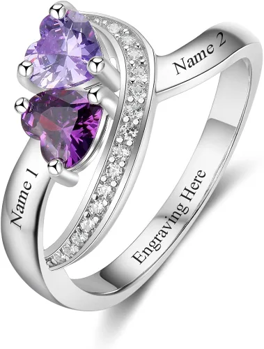 Diamondido Anillos con nombre personalizado, 2 piedras natales de imitación, anillos de promesa para mujeres, parejas, anillos de compromiso, Piedra