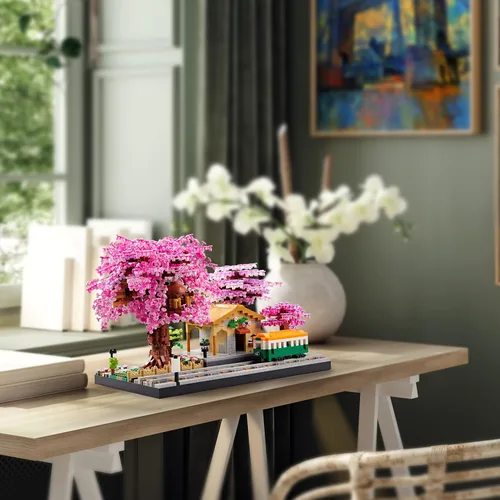Miniatura 6 de Juego de bloques de construcción de micro bloques de construcción japoneses de cerezo en flor para adultos, modelo de mini ladrillos, casa