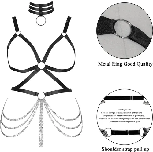 Miniatura 3 de Arnés de cuerpo de talla grande para mujer y niña, cadena de metal hueca completa, brasier de jaula, medias de liga, ropa gótica rave