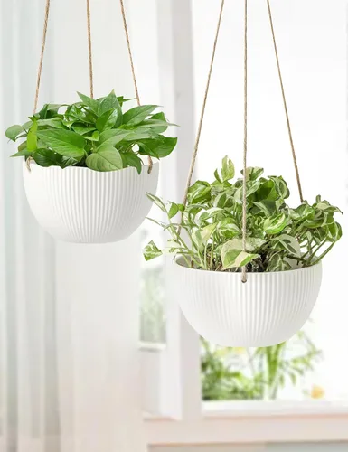 Miniatura 5 de UBEE Macetas colgantes de cerámica para interiores y exteriores, maceta colgante de 7.5 pulgadas + 6.5 pulgadas para plantas, cesta colgante