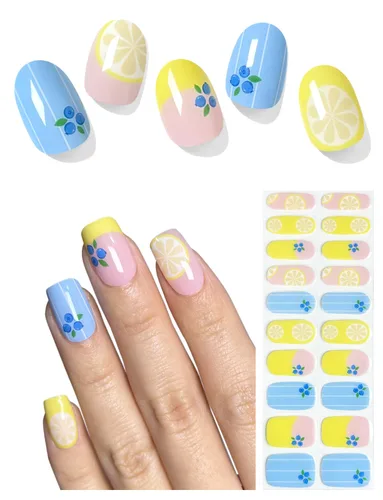 AutyaMee Tiras de uñas de gel semicuradas (limón fresco), 20 unidades de envolturas de uñas de gel, calcomanías, calidad de salón, arándano, verano,