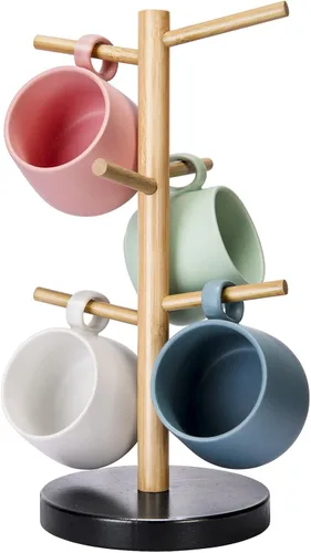 Wisuce Soporte de bambú para tazas, base más gruesa, soporte para taza de café para mostrador, estante para tazas con 6 ganchos Base negra