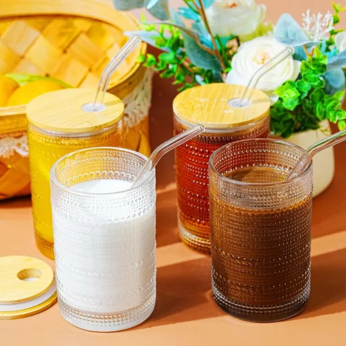 Miniatura 5 de Vasos de vidrio de 15 onzas con tapas y pajitas, cristalería vintage en relieve para whisky, cóctel, cerveza, taza de café helado con tapa