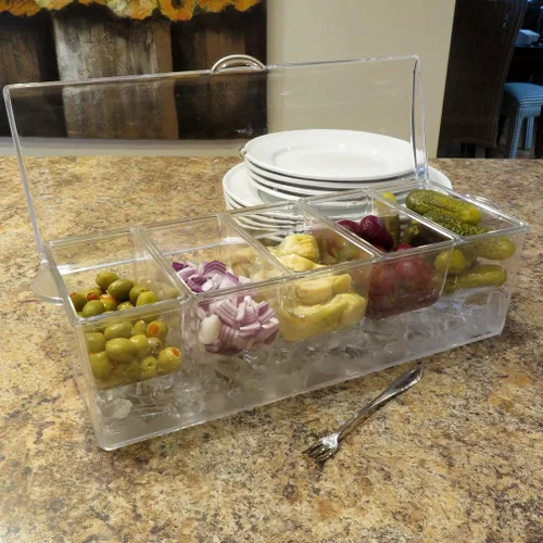 Miniatura 9 de Evelots Ice Chilled - Bandeja de condimentos de 5 compartimentos con tapa con bisagras, recipiente de plástico para servir para adornos, perfecto