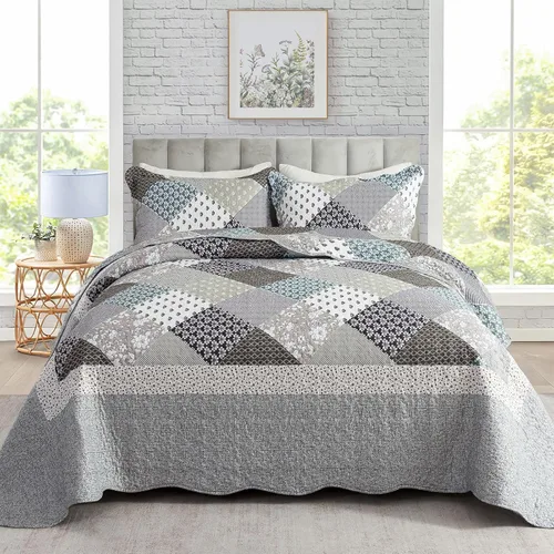 Miniatura 12 de Travan Juego de Edredón de 3 Piezas Tamaño King Colcha Acolchada Ligera Juego de Cubrecama Reversible con Estampado Floral Juego de Ropa de Cama