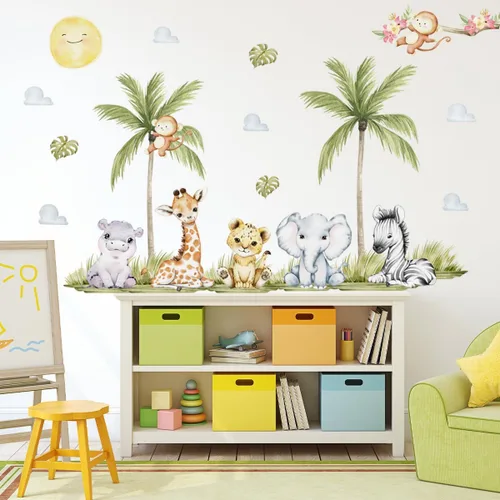 Miniatura 4 de Calcomanías de pared de animales de acuarela de 56.29 x 44.88 pulgadas, calcomanías de animales de selva, tigre, elefante, cebra, jirafa, mono