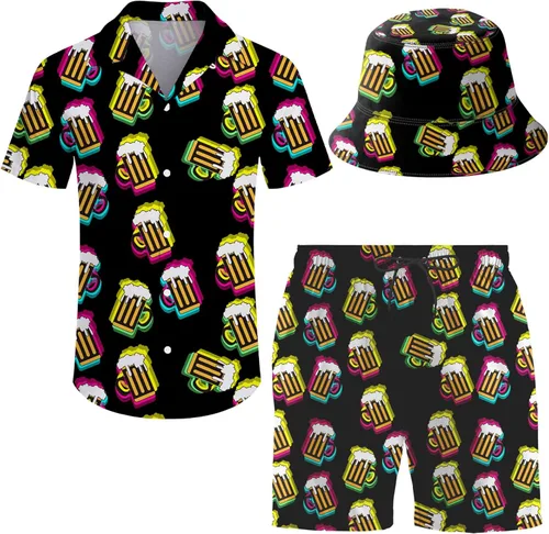 Miniatura 32 de Conjunto deportivo de 2 piezas para hombre, camisa hawaiana, pantalones cortos, camisa con botones y pantalones cortos con sombreros de pescador