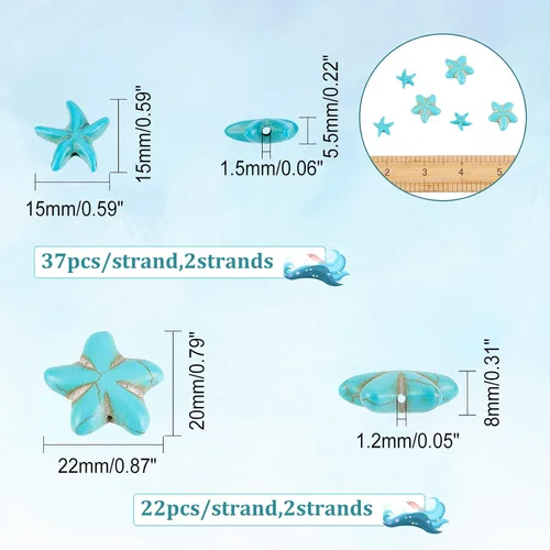 Miniatura 2 de Arricraft Alrededor de 118 cuentas de turquesa, 2 estilos de estrellas de mar sintéticas turquesa estrella de mar dijes para hacer pulseras